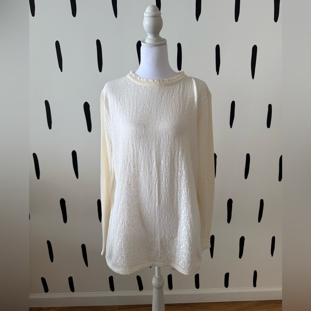LOFT Cream Lace Textured Long-Sleeve Crewneck Top